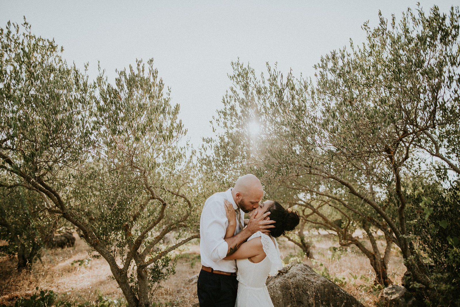 couple kissing in olive trees on island Hvar
