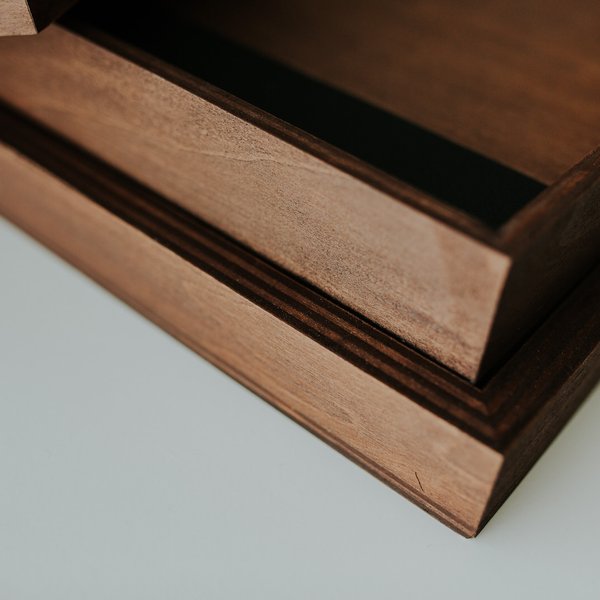 Wood box was designed to compliment this book and will be made with the same color selected for the Book.