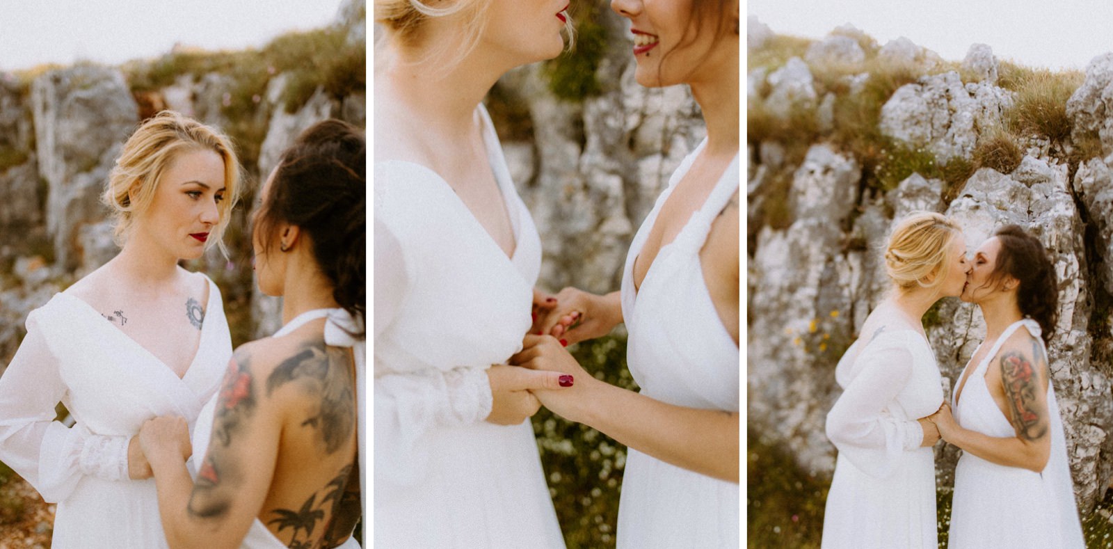 portrait of two brides on their gay elopement day in Croatia
