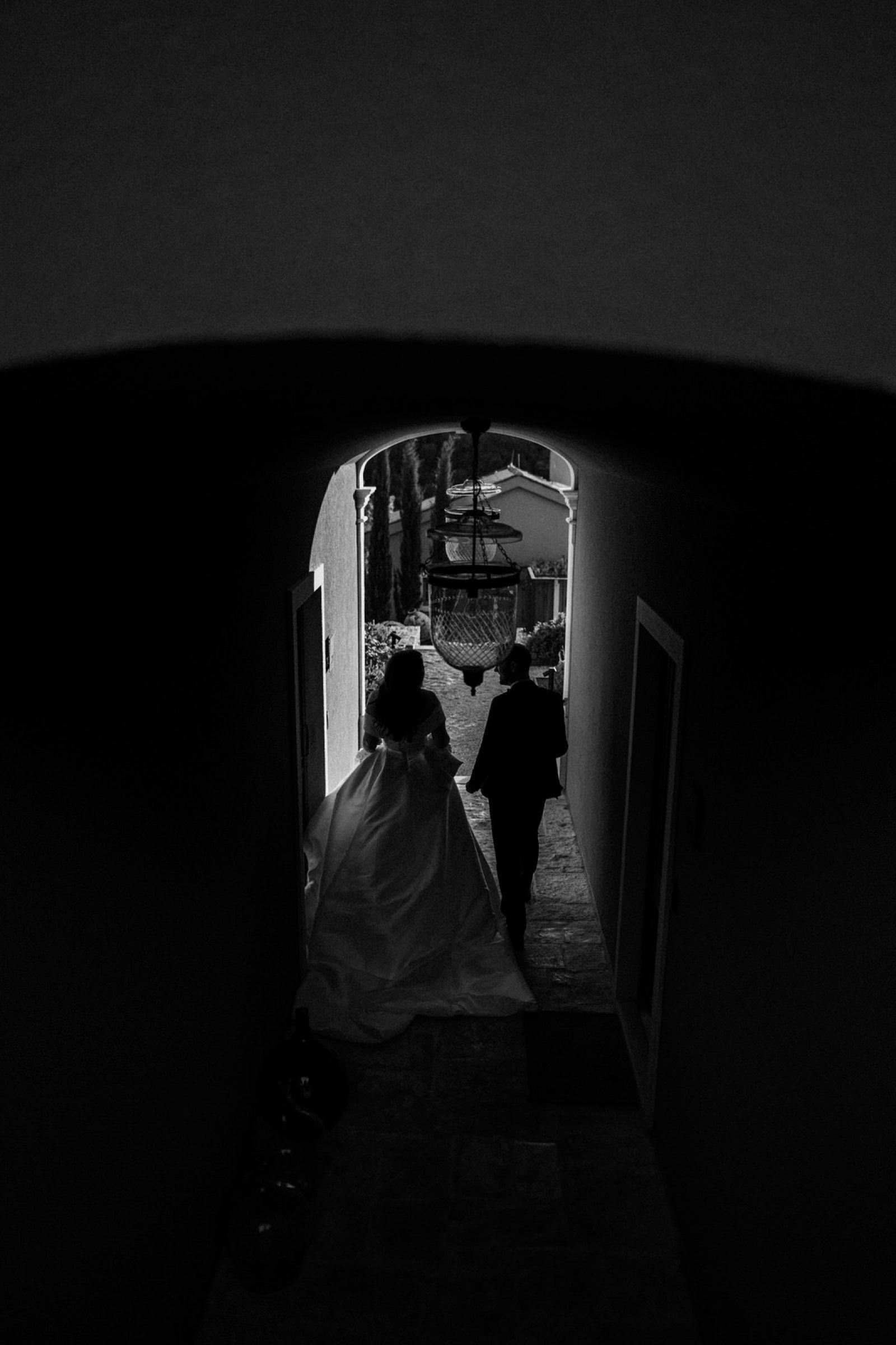 black and white wedding photo of a couple at San Canzian in Croatia