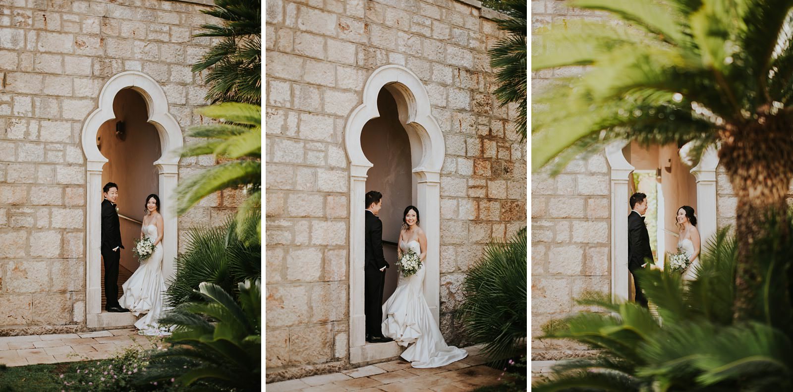 bride and groom in the garden of Villa Sheherezade Dubrovnik
