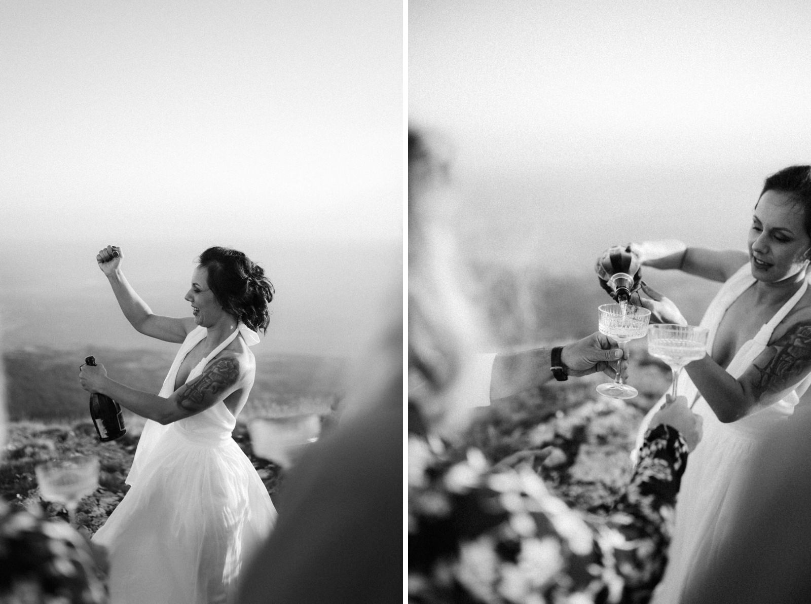 bride opening a champagne
