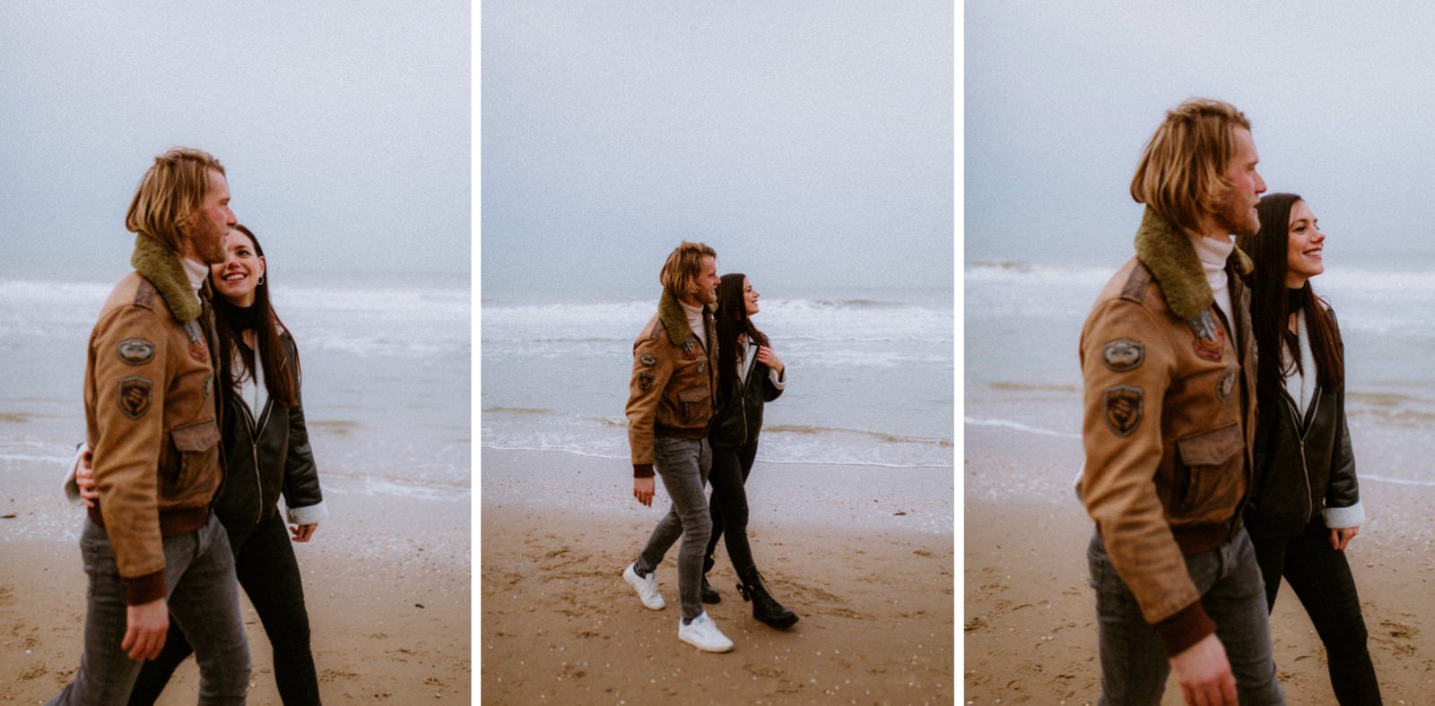 a couple in love walking on the Scheveningen beach 